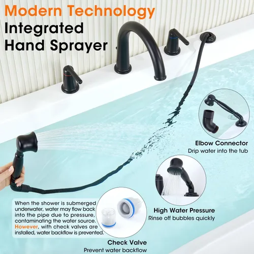 Vista 6 de WT-9808BK WT-9808BK - Kit de ajuste para grifo de bañera con ducha de mano y válvula de montaje en cubierta de 4 agujeros de alto flujo clásico