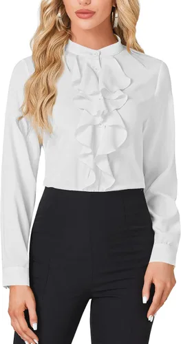 Vista 19 de LYANER - Blusa de cuello alto con botones, volantes en el frente, manga larga, camisa de trabajo para mujer