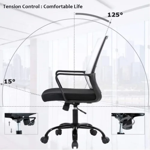 Vista 4 de Silla de escritorio ergonómica de malla, silla de computadora con soporte lumbar y reposabrazos, silla de escritorio ajustable para computadora