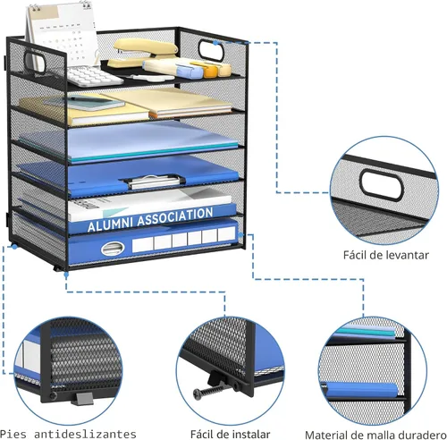 Vista 4 de Daltack Organizador de papel de 6 niveles para escritorio, organizador de bandejas de papel para escritorios, organizadores de archivos de Negro