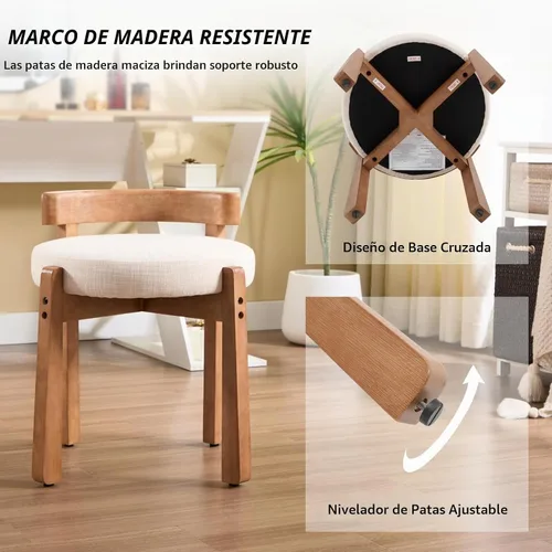Vista 5 de HEAH-YO - Silla de tocador de madera con respaldo, pequeño taburete con reposapiés tapizado en lino, silla de maquillaje de estilo moderno