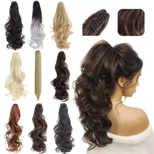 Vista 27 de Felendy Extensión de cola de caballo de 18 pulgadas, mezcla de rubio ceniza, marrón oscuro, rizado, ondulado, con clip, extensiones de cabello largo