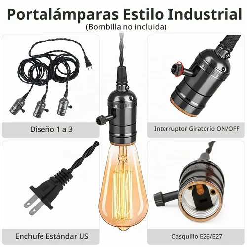 Vista 3 de Kit de luz colgante vintage enchufable con portalámparas colgantes E26/E27 de 1 a 3, luz colgante industrial con interruptores rotativos Negro