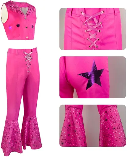 Vista 6 de TODFIY Disfraz de heroína de la película para adultos, vestido rosa, pantalón acampanado rosa, disfraz de Halloween para mujeres y niñas con peluca