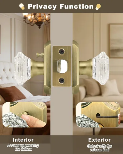 Vista 2 de Gobrico Juego de pomos de puerta de vidrio transparente para interiores, cerradura de puerta de cristal de diamante de privacidad en latón antiguo