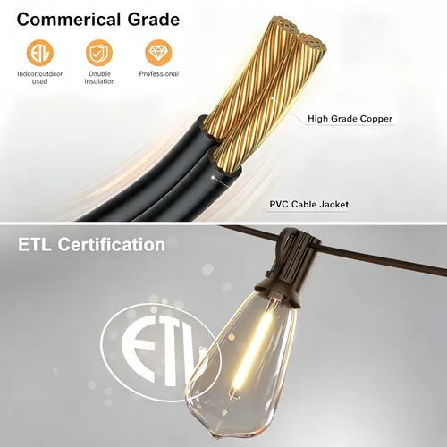 Vista 5 de Guirnalda de luces para exteriores de 25 pies, luces impermeables para patio con bombillas Edison ST38 vintage inastillables, luces colgantes