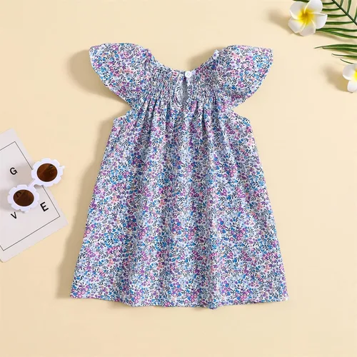 Vista 2 de MODNTOGA Vestido de verano floral para niña, manga con volantes, estampado de flores silvestres, vestido de playa para niña, vestido de princesa