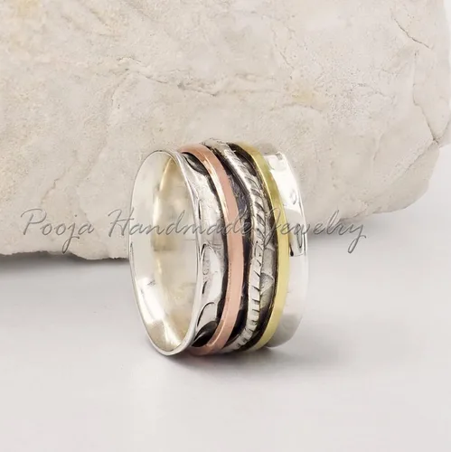 Vista 3 de Anthe Wave Band Mixed Metal Ring, 925 Sterling Silver Spinning Ring, Wide Spinner Ring, Chunky Thumb Ring For Women, Meditation Ring, Handmade Ring