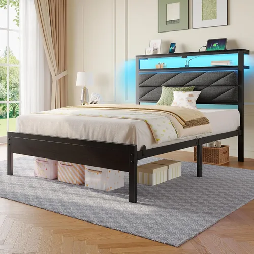 Vista 8 de Seventable Base de cama individual con estación de carga y luces LED, cabecera tapizada con estantes de almacenamiento de 2 niveles, plataforma