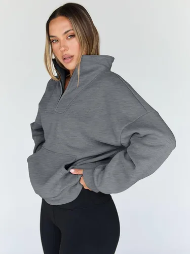 Vista 3 de Trendy Queen - Sudaderas con medio cierrey capucha de gran tamaño, comoda, extragrande, para otoño, Y2K, ropa de invierno, 2024