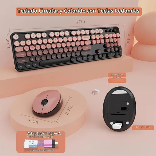 Vista 5 de SkyGive - Combo de teclado y mouse inalámbricos, teclado ergonómico de tamaño completo con diseño retro tipo máquina de escribir, con teclas