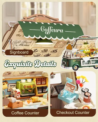 Vista 3 de Rolife Rompecabezas de madera 3D para adultos, camión de café Leo vintage, kit de modelo de madera para bricolaje, juego de construcción de Camión