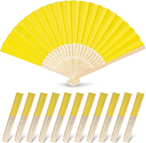 Vista 19 de JOHOUSE 12 abanicos de mano plegables, abanicos de papel amarillo de 8.3 pulgadas para decoraciones de fiesta de limón, bodas, baby shower