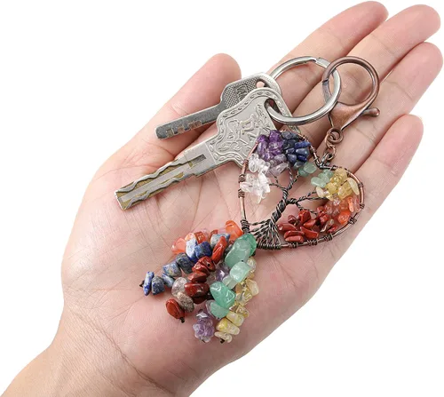 Vista 5 de Jovivi Llavero de cristal curativo de 7 chakras, árbol de la vida, piedra preciosa natural, colgante de automóvil, llavero con borlas