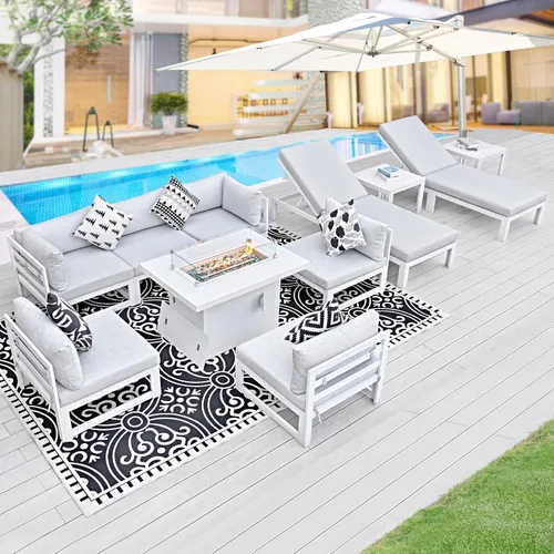 Vista 33 de BULEXYARD - Sofá modular de aluminio para exteriores con mesa para fogata, 7 piezas, color verde azulado