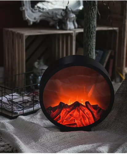 Vista 26 de Farol de chimenea pequeño y acogedor tradicional realista con efecto de llama de leña, luz LED, estilo carbón, lámpara de mesa