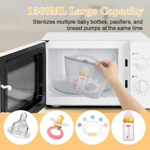 Vista 2 de Bolsa esterilizadora de vapor de silicona para microondas, bolsas reutilizables de 50.7 fl oz para biberones, extractor de leche, chupetes