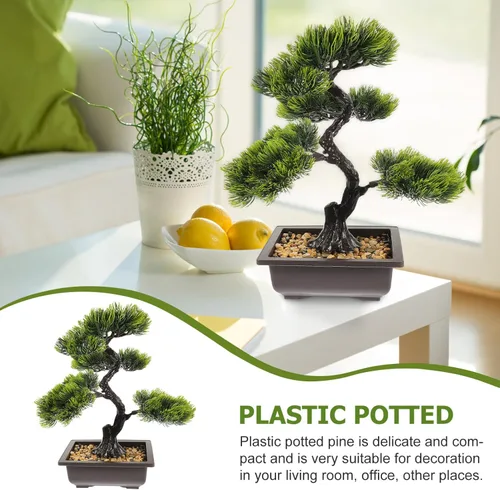 Vista 3 de Árbol de pino bonsái artificial, simulación de imitación de planta en maceta, exhibición de escritorio, adornos de maceta de árbol falso, planta
