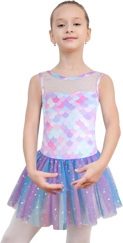 Vista 3 de EQSJIU Ballet Leotard with Tutu Skirt for Girls Dance Gymnastics Toddlers Sparkly Snowflake Party Dress Outfit Kids