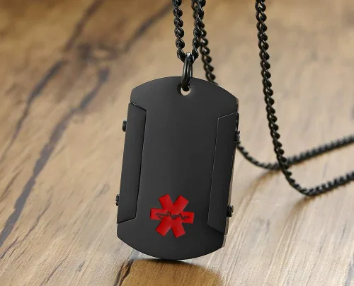 Vista 113 de VNOX Collar con colgante personalizado de acero inoxidable con grabado personalizado para identificación de alerta médica de emergencia para hombres