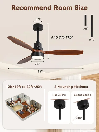 Vista 8 de Sofucor Ventilador de techo con luces y control remoto, ventilador de techo de madera LED moderno de 52 pulgadas con varillas descendentes