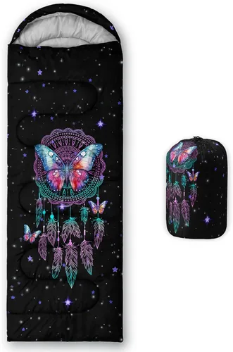 Vista 29 de HOSIMA Saco de dormir de mariposa para adultos y niños para campamento, saco de dormir ultraligero gótico negro para clima frío y verano.