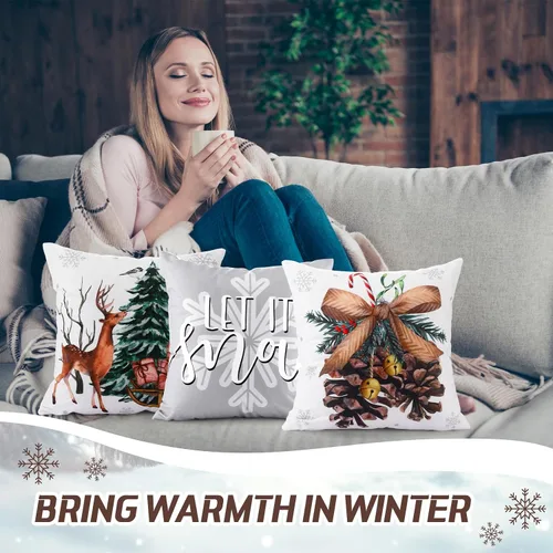 Vista 4 de Peryiter 9 fundas de almohada de invierno de 18 x 18 pulgadas, con árboles de Navidad, camión, corona, color blanco, fundas de almohada de Navidad