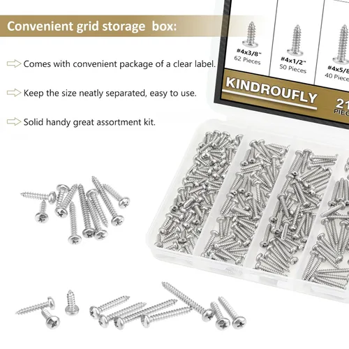 Vista 7 de 212 Piezas #4 x 3/8" 1/2" 5/8" 3/4" 1" Tornillos autorroscantes de cabeza avellanada Phillips, Juego de surtido de tornillos para madera, acero