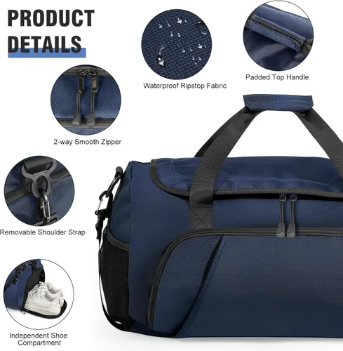 Vista 3 de Bolsa de gimnasio para hombres y mujeres con compartimento para zapatos y bolsillo húmedo, bolsa de gimnasio deportiva resistente al agua, bolsa