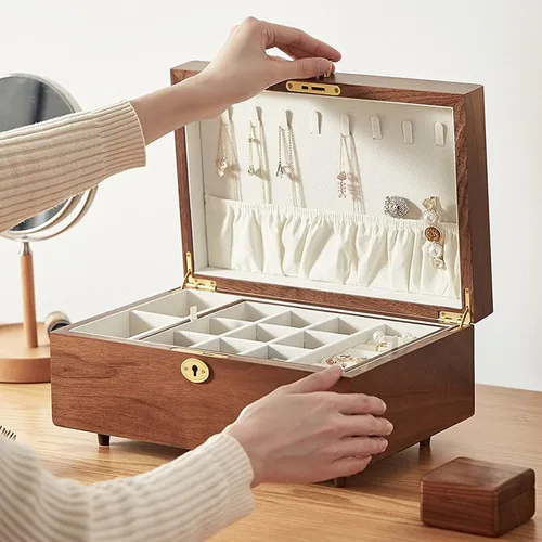 Vista 5 de POCHY Storage Box Jewelry Organizer Wooden Jewelry Box - 2 Layer Jewelry Organizer with Ring Tray and Lock for Women and Girls - Holder for Earring
