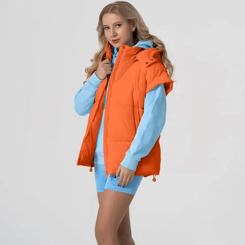 Vista 11 de Shiyifa Chaleco acolchado para mujer, chaqueta de gran tamaño, sin mangas, ligera, con cremallera, con capucha desmontable