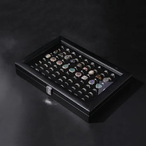 Vista 2 de Pengup Organizador de joyas con tapa de vidrio (fibra de carbono negra, anillos)