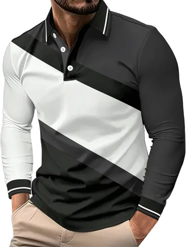 Vista 18 de Camisa polo para hombre, manga larga, cuello abotonado, bloque de color, moda para trabajo y golf