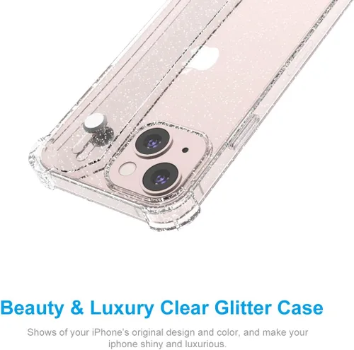Vista 7 de Funda con purpurina con correa de mano compatible con iPhone 13 de 6.1 pulgadas, funda transparente brillante con correa de muñeca ajustable soporte
