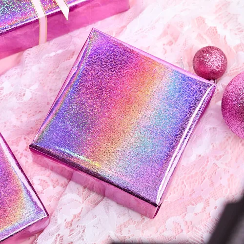 Vista 4 de Homeral Rollo de papel de regalo rosa holográfico con galaxia rosa brillante para cumpleaños, baby shower, despedida de soltera, boda, día