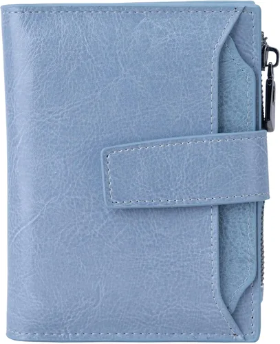 Vista 11 de Bveyzi - Billetera pequeña de cuero para mujer con bloqueo RFID, de dos pliegues con cremallera, con ranuras para tarjetas de crédito y ventana