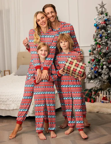 Vista 2 de Ekouaer Pijamas de Navidad para la familia, con capucha, de cuernos de alce, de manga larga, cómoda, para descansar