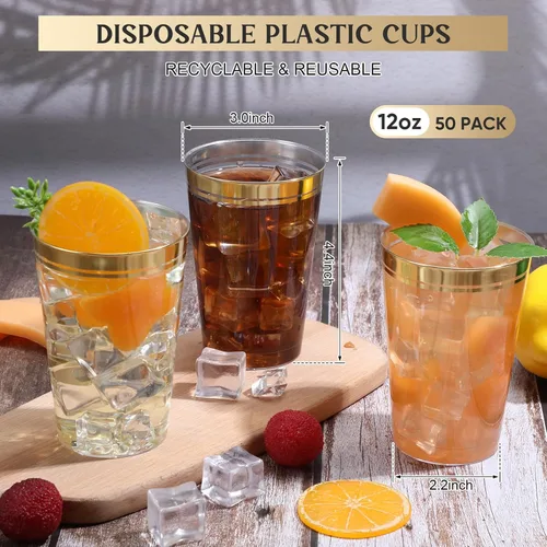 Vista 2 de Sliner 50 vasos de plástico duro con doble aro, copas de vino resistentes para vacaciones, Navidad, Año Nuevo, suministros de fiesta de cumpleaños