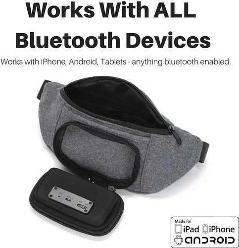 Vista 4 de Fannypack con altavoces. Riñonera Bluetooth para fiestas/festivales/ravos/playa/barcos. Recargable, funciona con iPhone y Android (gris)