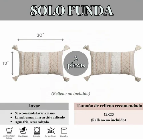 Vista 7 de BlissBlush Funda Decorativa de Almohada Lumbar de 12x20 Juego Combinado de 2 Color Crema Blanco Neutro Rectangular Estilo Bohemio Funda de Almohada