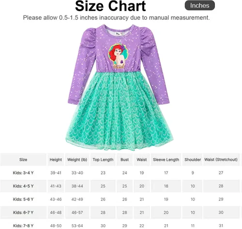 Vista 8 de Disney Princess Toddler Girl Dress, Little Mermaid Ariel Long Sleeve Green Mesh Tutu Dress 3-8 Years