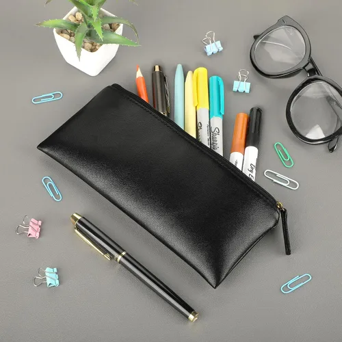 Vista 6 de Estuche para lápices MROCO Bolso negro para lápices Estuche de cuero PU para bolígrafos Pequeña bolsa con cremallera para lápices, bolígrafos