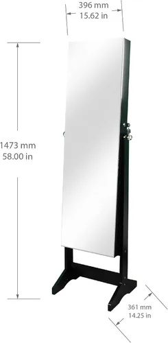Vista 6 de Prinz Armario organizador de joyas independiente con espejo sin marco de longitud completa, almacenamiento con cerradura, color negro, 60 x 14.3 x