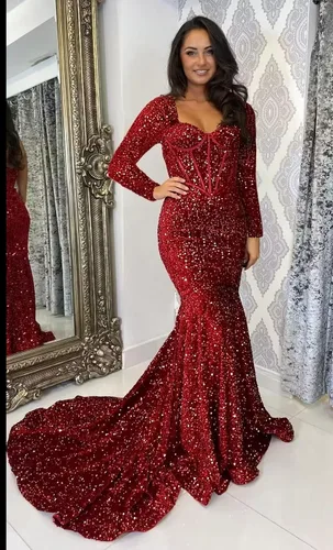 Vista 3 de Miao Duo Vestido de fiesta de sirena de manga larga para mujer con tren elástico brillante lentejuelas vestidos de noche formales YZTS090