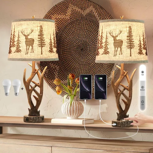 Vista 10 de Dungoo Juego de 2 lámparas de mesa rústicas de ciervo occidental con luz nocturna, lámparas de noche rústicas de 26 pulgadas para dormitorio con 2