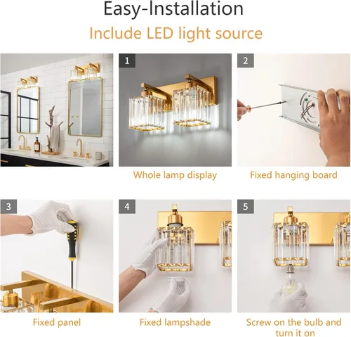 Vista 7 de Lámpara de cristal de pared moderna de latón cepillado dorado con 2 luces para tocador de baño Oro Recto