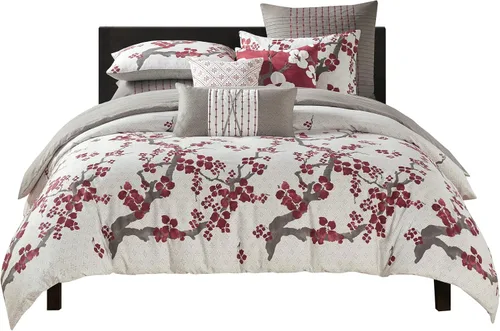 Vista 14 de N Natori Juego de funda de edredón de flor de cerezo, tamaño Queen, rojo, gris, juego de funda de edredón de flor de cerezo, 3 piezas, 100% algodón