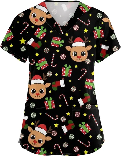 Vista 10 de Camisetas de uniforme médico de Navidad para mujer, talla grande, estampado ##896-Multicolor