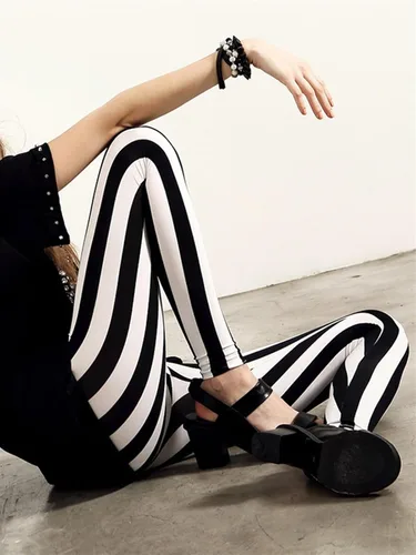 Vista 4 de TRENIS Pantalones negros blancos a rayas pantalones elásticos imprimir Fitness Leggings Mujeres Deportivas Entrenamiento