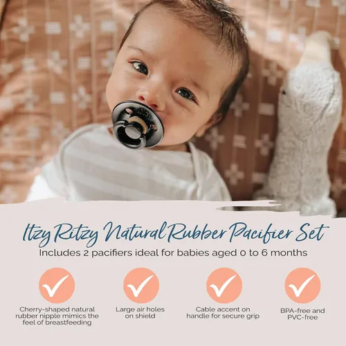 Vista 3 de Itzy Ritzy Chupetes de goma natural para recién nacidos, con pezón en forma de cereza sin BPA y grandes agujeros de aire para mayor seguridad, juego